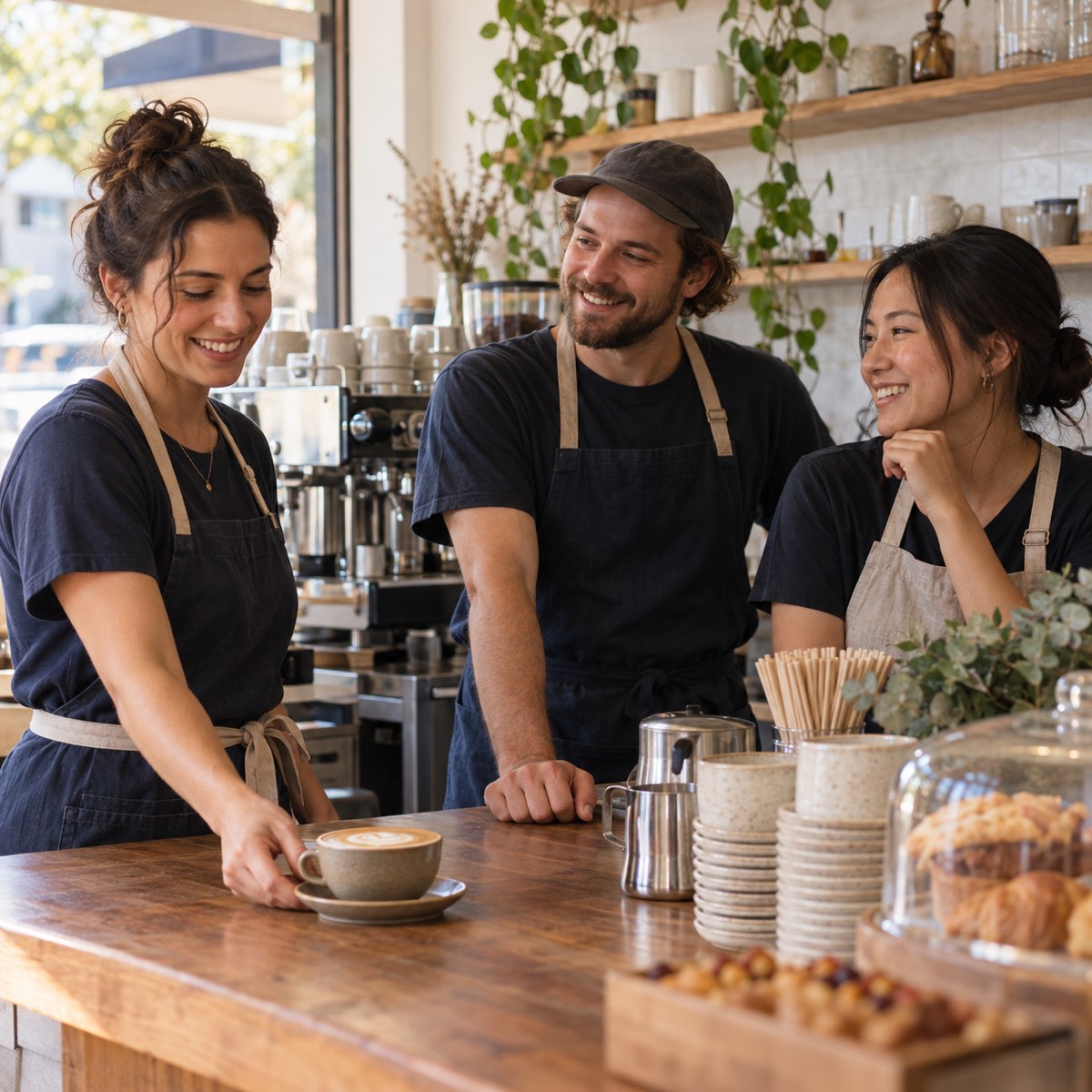Three café colleagues sharing a relaxed moment while preparing coffee together