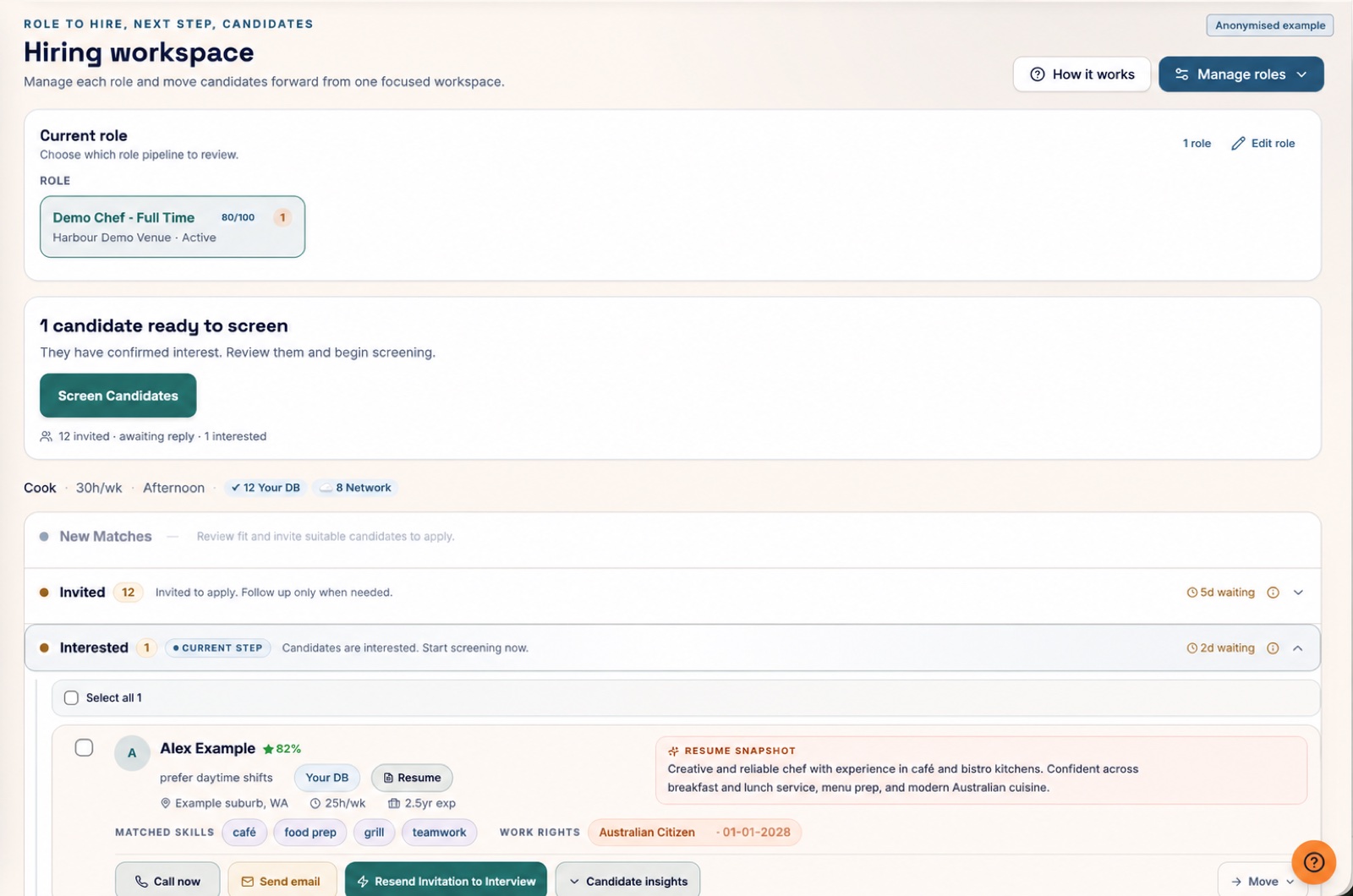 Anonymised real HospoMatch hiring pipeline showing example candidate stages and hiring actions